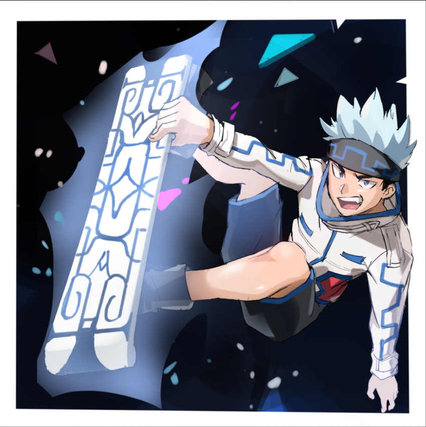 1boy, bandana, blue_hair, commentary_request, grabbing, highres, jumping, long_sleeves