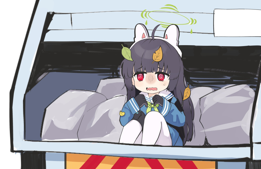 1girl, absurdres, animal_ears, black_gloves, black_hair, blue_archive, eyebrows_visible_through_hair, garbage_truck