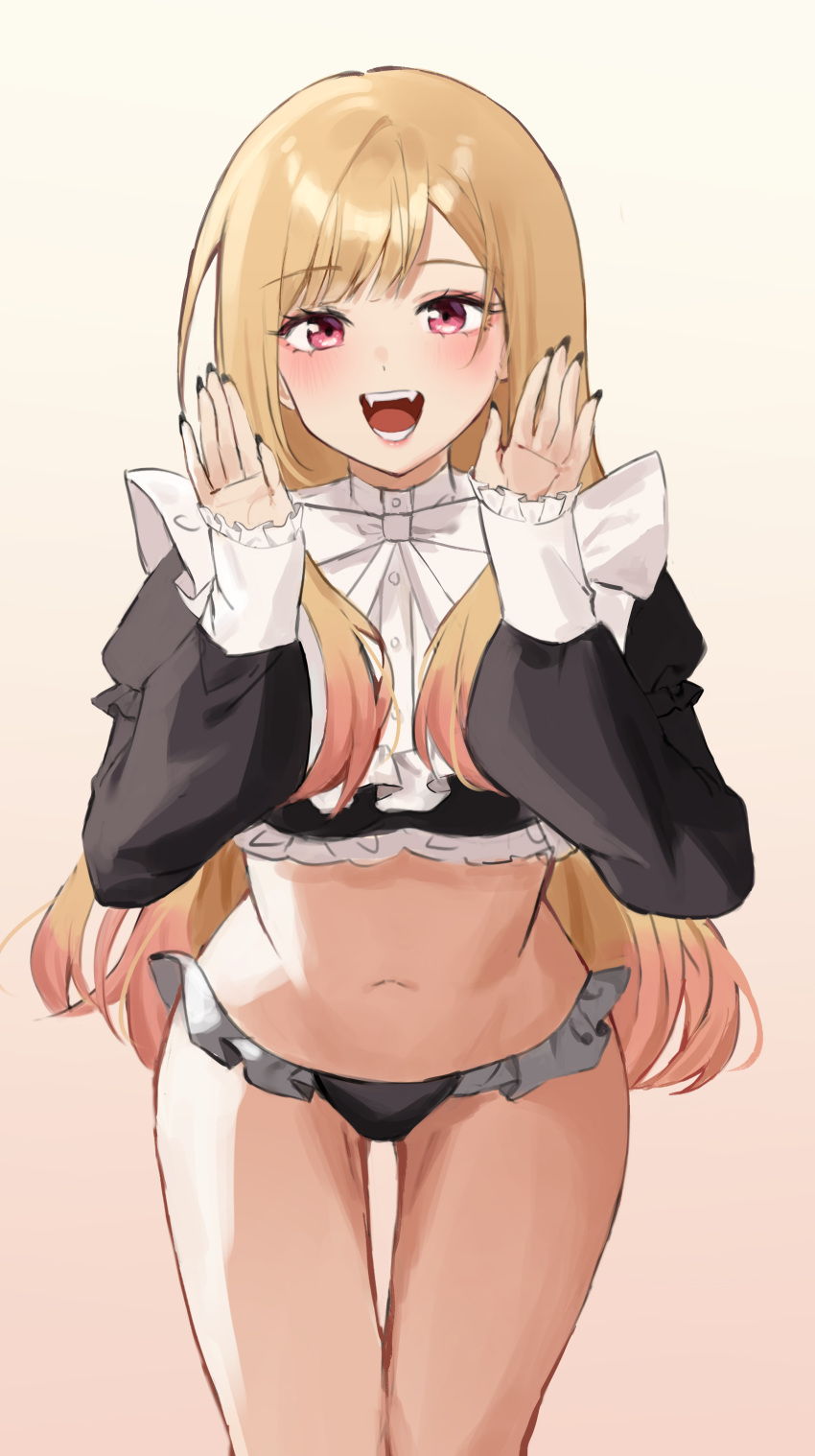 1girl, :d, absurdres, bikini, bikini_bottom_only, black_bikini, black_nails, black_shirt