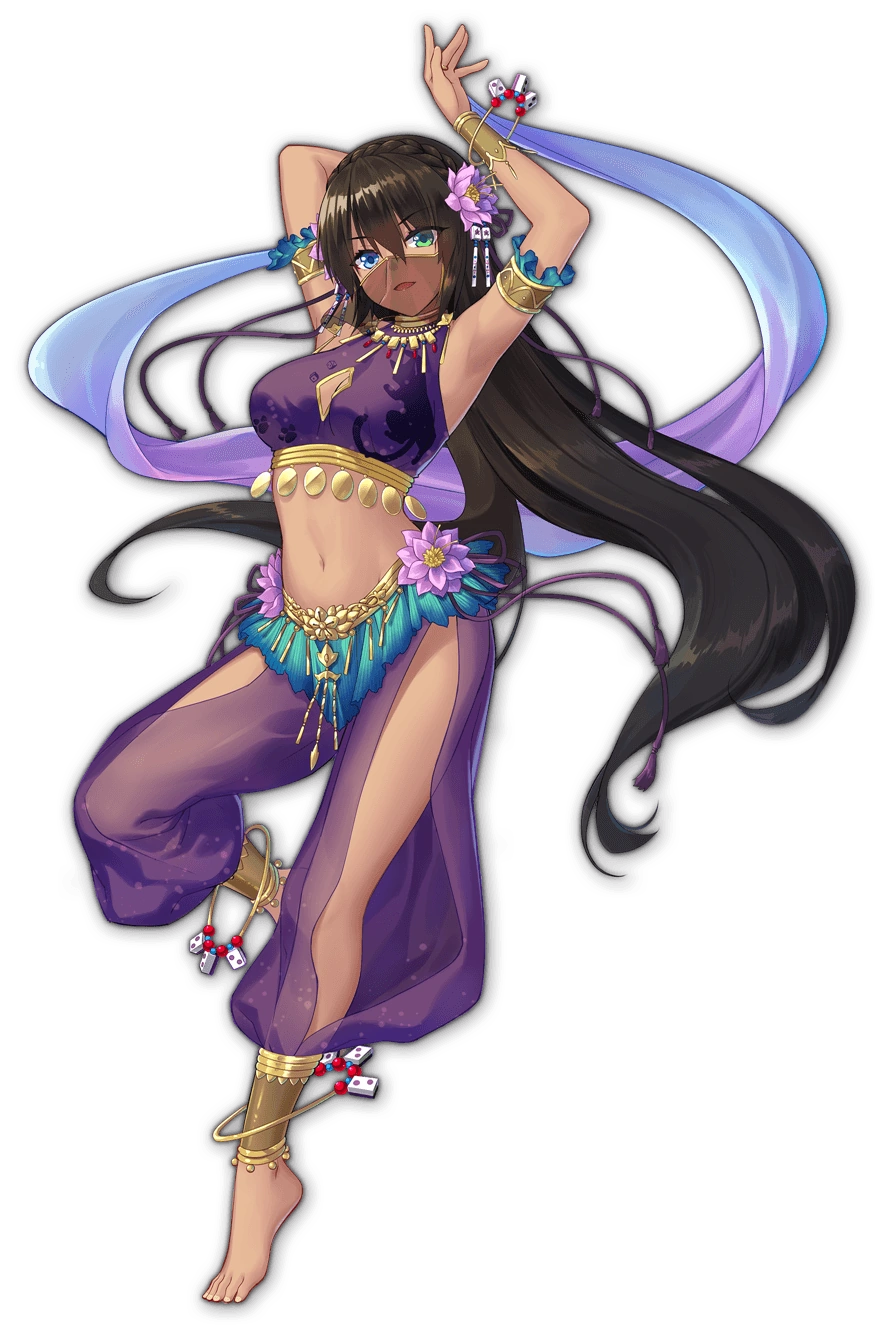 1girl, anklet, armlet, armpits, arms_up, artist_request, barefoot, belly_chain, blue_eyes, bracelet, brown_hair, dancer, dark_skin, flower, green_eyes, hair_flower, hair_ornament, harem_outfit, harem_pants, heterochromia, highres, jewelry, long_hair, mahjong_soul, midriff, necklace, non-web_source, official_art, pants, sara_(mahjong_soul), tiptoes, yostar