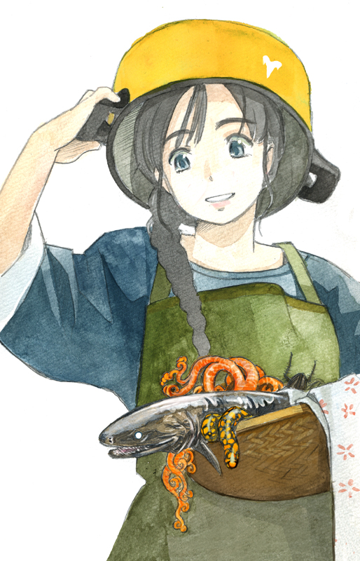 1girl, akai_sashimi, apron, arm_up, basket, basket_star, black_hair, blue_eyes, blue_kimono, braid, commentary_request, fish, frilled_shark, green_apron, hair_over_shoulder, hand_on_headwear, holding, holding_basket, holding_pot, japanese_clothes, kimono, long_hair, looking_at_viewer, original, parted_lips, partial_commentary, pot, pot_on_head, seafood, simple_background, single_braid, smile, solo, towel, traditional_media, upper_body, white_background