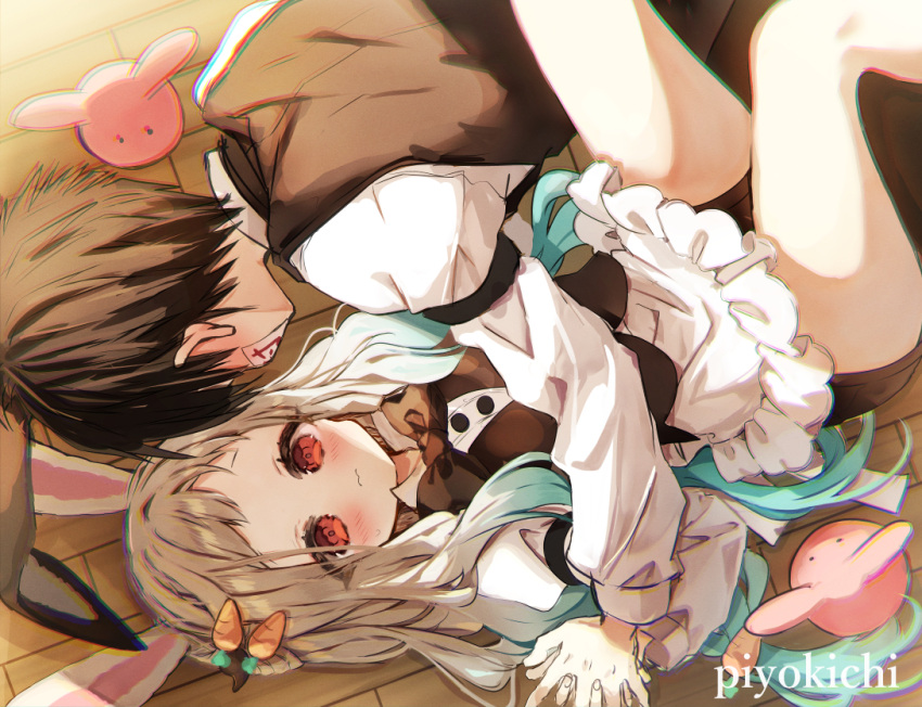 1boy, 1girl, apron, black_hair, black_shorts, blue_hair, blush, bow