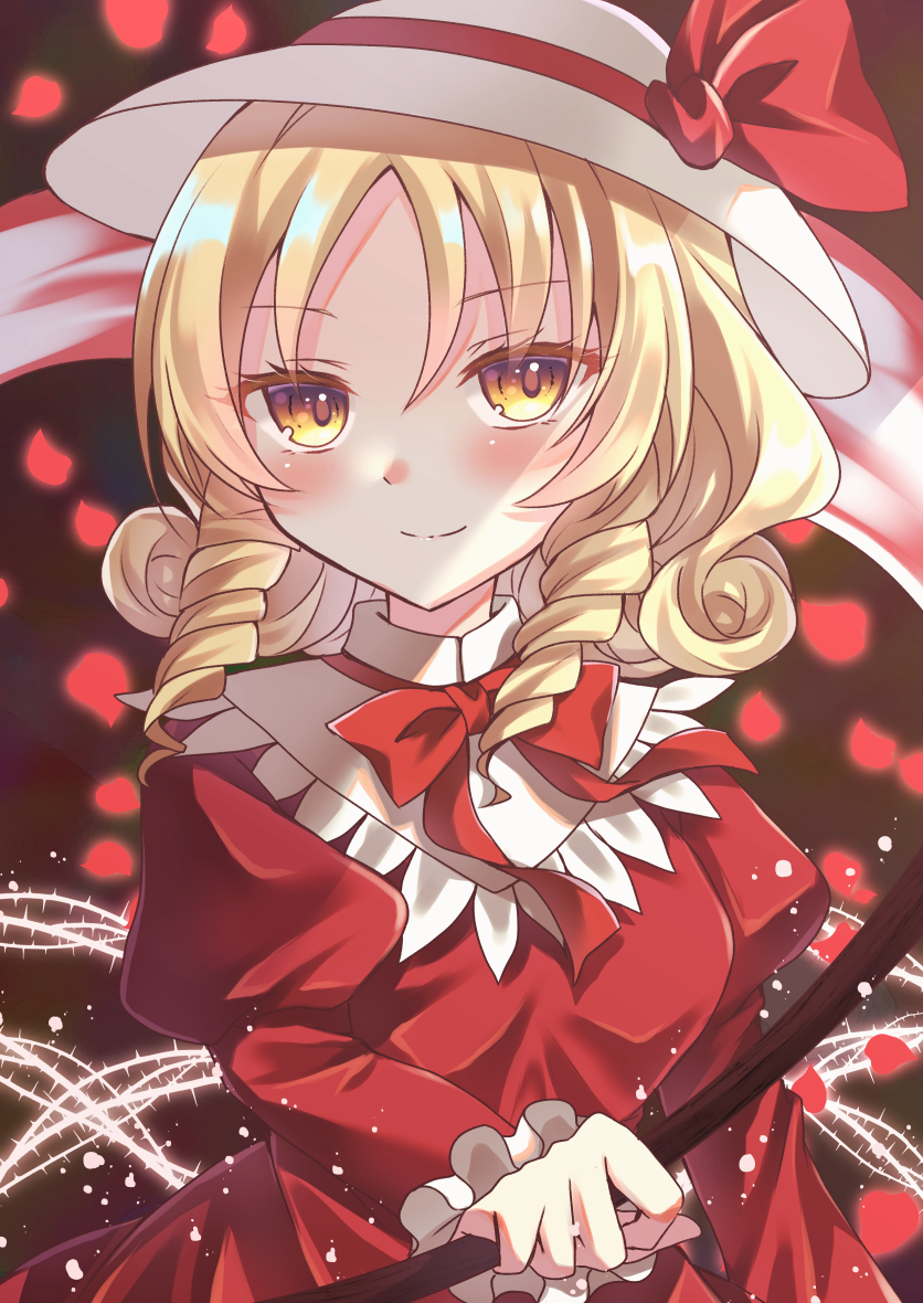 bangs, blonde_hair, blush, bow, bowtie, breasts, closed_mouth, collared_dress