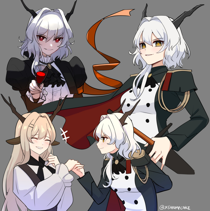 2girls, alina_(arknights), animal_ears, arknights, armband, ascot, black_ascot, black_dress