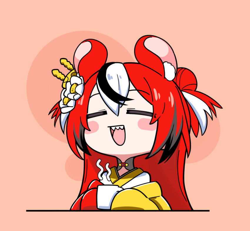 1girl, animal_ears, blush, closed_eyes, cup, flower, hair_flower, hair_ornament, hakos_baelz, hololive, hololive_english, japanese_clothes, jb_jagbung, kimono, long_hair, mouse_ears, mug, multicolored_clothes, multicolored_hair, official_alternate_costume, redhead, simple_background, smile, solo, streaked_hair, virtual_youtuber