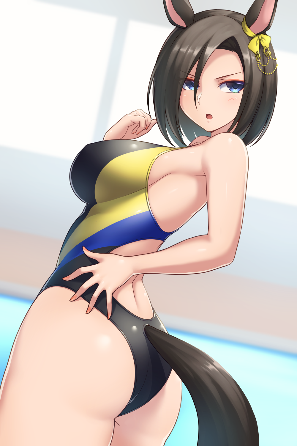 1girl, air_groove_(umamusume), animal_ears, ass, black_hair, black_swimsuit, blue_eyes, bow