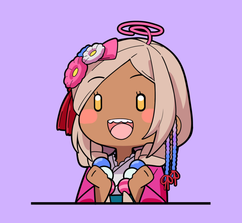 1girl, :d, bangs, blonde_hair, blush, braid, dark-skinned_female, dark_skin, flower, hair_bobbles, hair_flower, hair_ornament, haori, headpiece, hololive, hololive_english, japanese_clothes, jb_jagbung, kimono, limiter_(tsukumo_sana), long_hair, official_alternate_costume, open_mouth, orange_eyes, simple_background, smile, solo, swept_bangs, tassel, teeth, tsukumo_sana, twin_braids, virtual_youtuber, |_|, ||_||