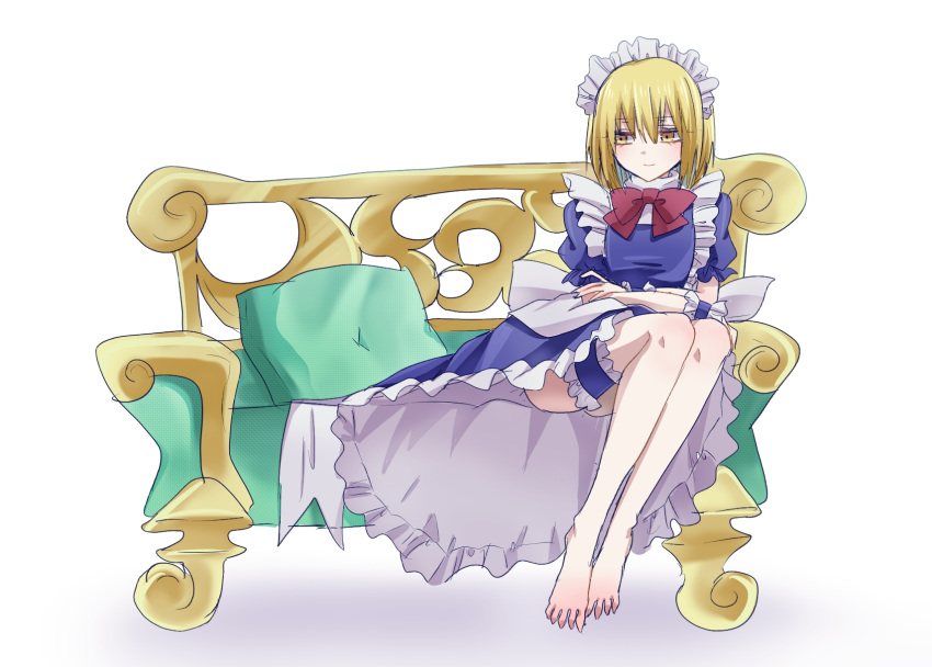 1girl, apron, back_bow, bare_legs, barefoot, blonde_hair, blue_dress, bow