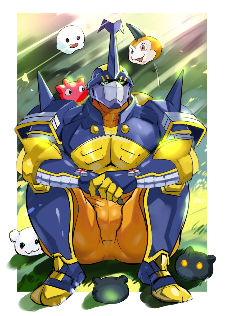 1boy, armor, biceps, blitzmon, botamon, chest_plate, day, digimon