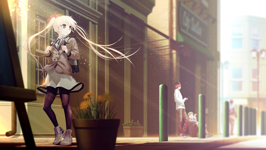 1girl, bangs, black_legwear, black_ribbon, blurry, blurry_background, bow, brown_eyes
