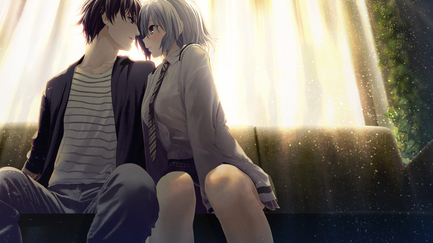 1boy, 1girl, ai_(re:lief), black_jacket, blush, breasts, brown_eyes, brown_hair