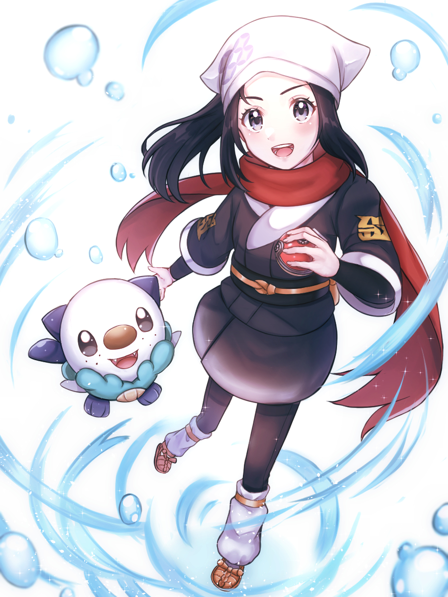 1girl, :d, akari_(pokemon), black_hair, black_kimono, black_pants, black_skirt, floating_hair