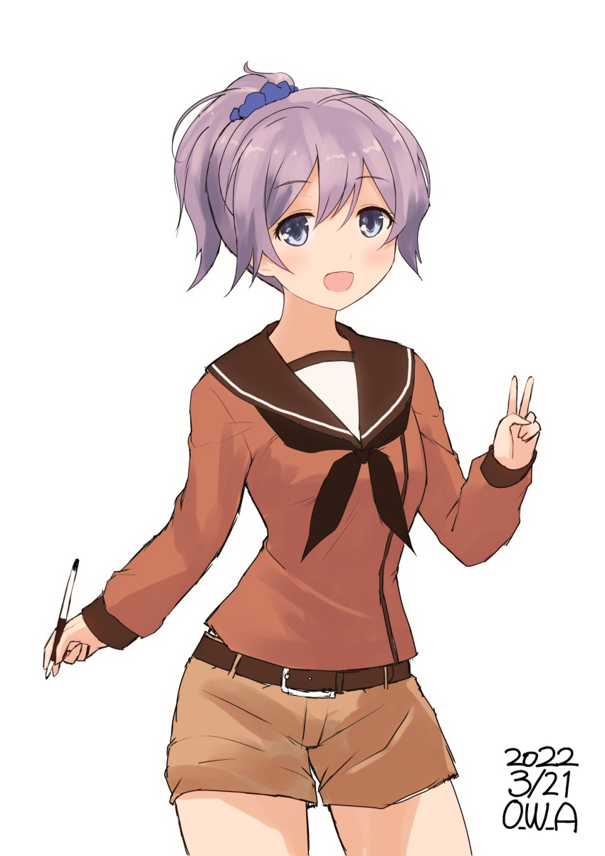 1girl, aoba_(kancolle), black_neckerchief, blue_eyes, brown_sailor_collar, brown_serafuku, brown_shorts, contrapposto, cosplay, cowboy_shot, highres, kantai_collection, long_sleeves, looking_at_viewer, mogami_(kancolle), mogami_(kancolle)_(cosplay), neckerchief, owa_(ishtail), pen, ponytail, purple_hair, sailor_collar, school_uniform, serafuku, short_hair, shorts, simple_background, solo, standing, white_background