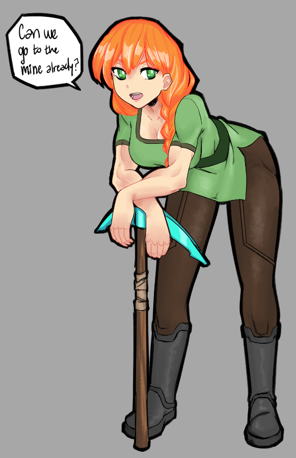 1girl, alex_(minecraft), ass, boots, braid, breasts, brown_pants, clothes_lift, commentary, cropped_legs, diamond_pickaxe, english_text, fingernails, from_behind, green_eyes, green_shirt, grey_background, grey_footwear, long_hair, looking_at_viewer, minecraft, naughty_face, open_mouth, orange_hair, pants, shirt, short_sleeves, solo, speech_bubble, symbol-only_commentary, thick_thighs, thighs, v-shaped_eyebrows, void_dot_exe