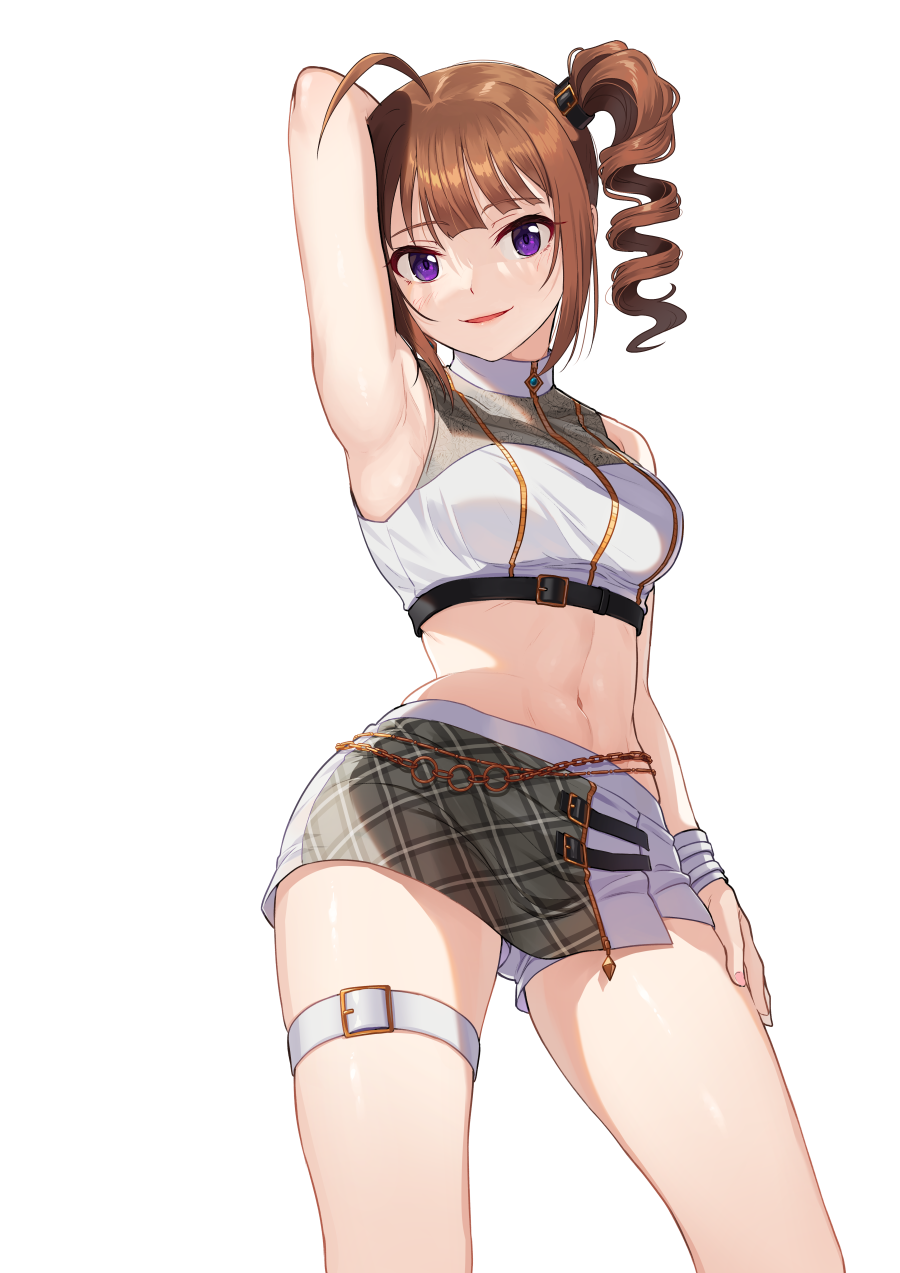 1girl, ahoge, argyle, arm_at_side, arm_behind_head, arm_up, armpits, bangs