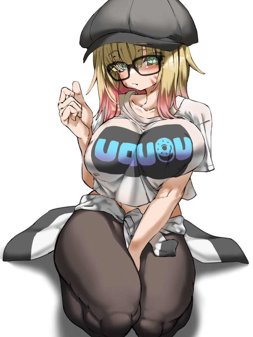1girl, between_legs, black-framed_eyewear, blonde_hair, closed_mouth, clothes_writing, collarbone, eyebrows_visible_through_hair, eyebrows_visible_through_hat, eyes_visible_through_hair, facial_mark, glasses, gradient, gradient_hair, green_eyes, grey_headwear, hand_between_legs, hat, highres, huu_(mohujirou1811), kneeling, long_hair, mole, mole_under_eye, multicolored_hair, original, pink_hair, shirt, simple_background, solo, t-shirt, whisker_markings, white_background
