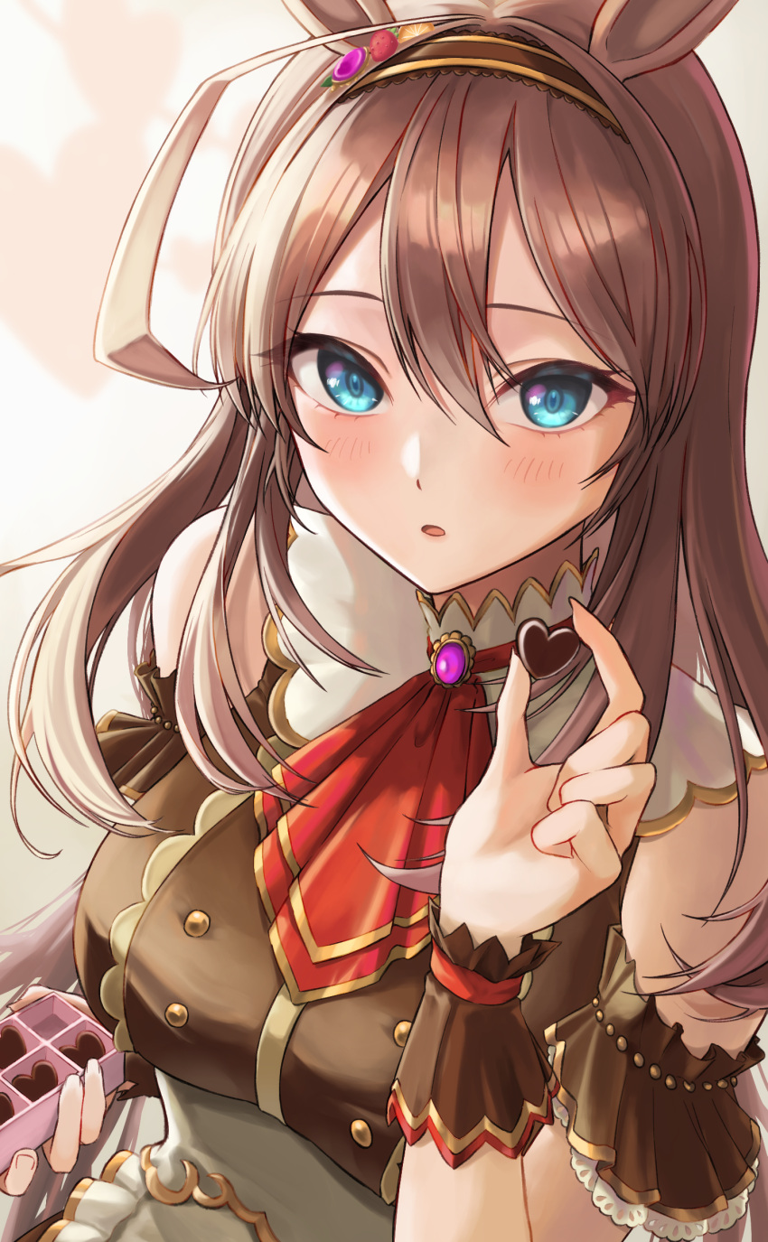 1girl, absurdres, animal_ears, aqua_eyes, ascot, blush, breasts, brown_hair