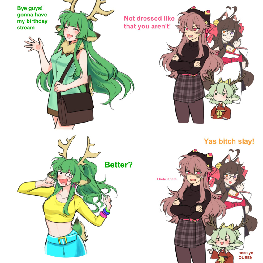 !, 4girls, ?, ahoge, animal_ears, antlers, arai_shinomiya, breasts