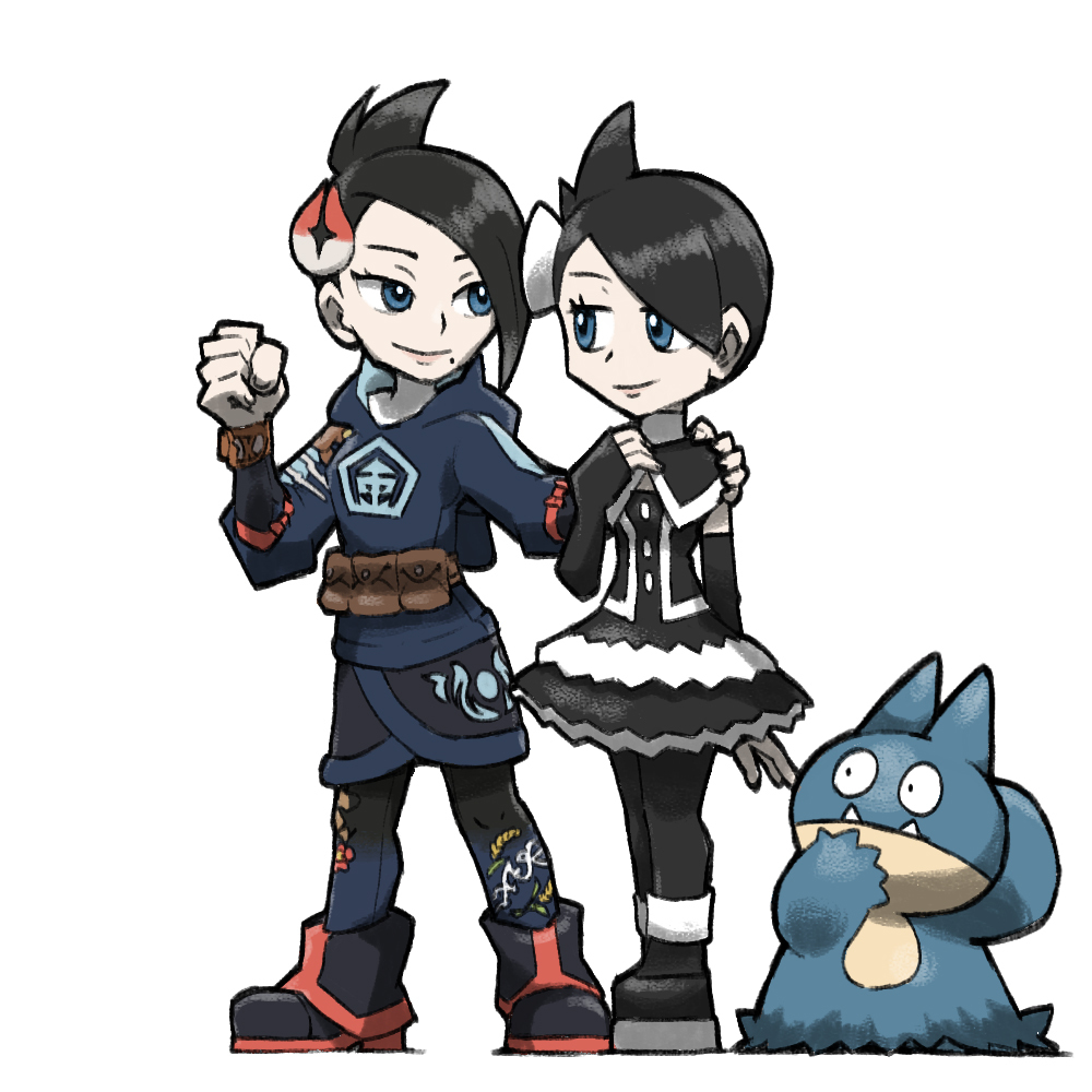 2girls, black_and_white_dress, black_dress, black_footwear, black_hair, blacknirrow, blue_eyes, diamond_clan_outfit, eye_contact, gothic_lolita, hair_ornament, hair_over_one_eye, hand_on_another&amp;#039;s_shoulder, mai_(pokemon), marley_(pokemon), mole, mole_under_mouth, multiple_girls, munchlax, pokemon, pokemon_(creature), pokemon_(game), pokemon_dppt, pokemon_legends:_arceus, satchel, short_hair, simple_background, smile, swept_bangs, white_background, white_dress