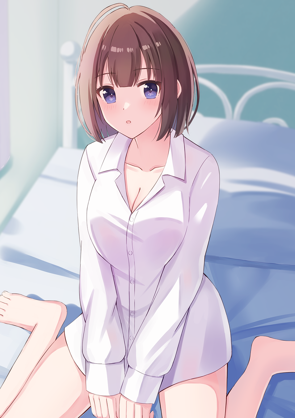 1girl, :o, bangs, bed, bed_sheet, blurry, blurry_background, breasts
