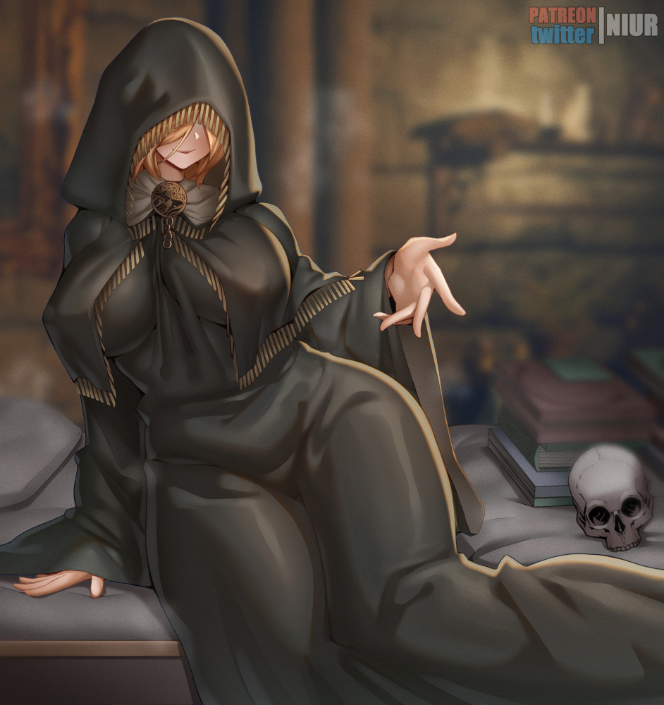 1girl, artist_name, bed, black_dress, blonde_hair, book, book_stack, candle