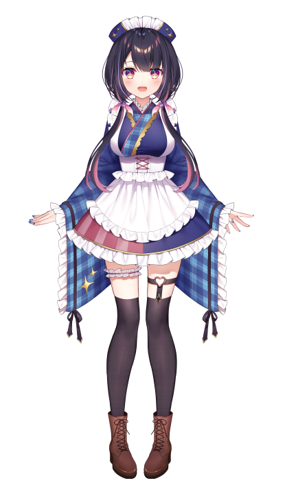 1girl, ankle_boots, apron, black_hair, black_legwear, black_ribbon, blue_headwear, blue_kimono