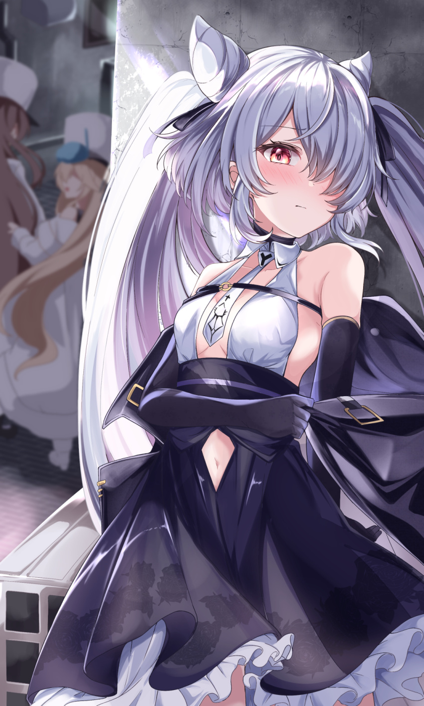 3girls, acchii_(akina), azur_lane, bare_shoulders, between_breasts, blue_dress, blush, breasts