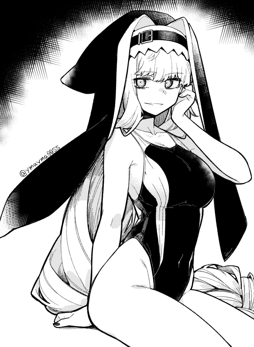 1girl, alternate_costume, arknights, armpit_crease, bangs, bare_shoulders, breasts, covered_navel, eyebrows_visible_through_hair, habit, highres, long_hair, monochrome, one-piece_swimsuit, parted_lips, sideboob, sitting, solo, specter_(arknights), swimsuit, very_long_hair, yom_(ymayma00ss)