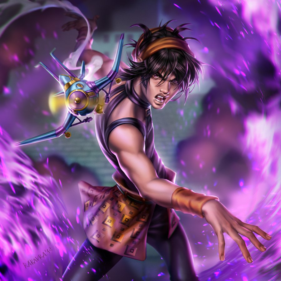 1boy, aerosmith_(stand), aircraft, airplane, bare_shoulders, belt, black_hair, black_pants
