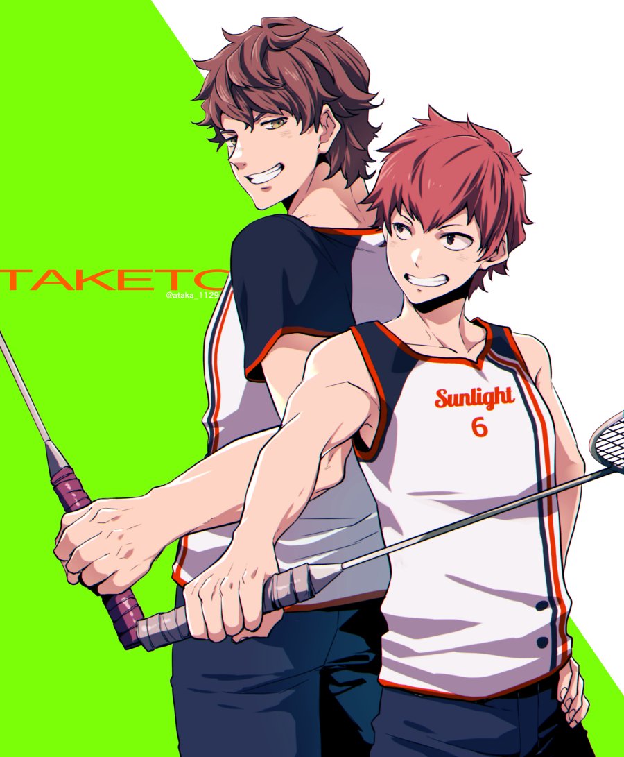 2boys, ataka_takeru, badminton_racket, brown_eyes, brown_hair, green_background, grin, hand_on_hip