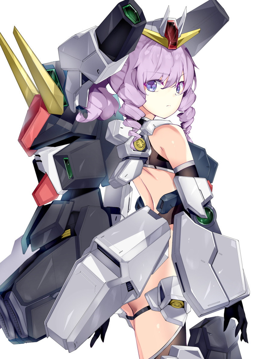 1girl, black_gloves, closed_mouth, drill_hair, gloves, gundam, gundam_00, gundam_seravee