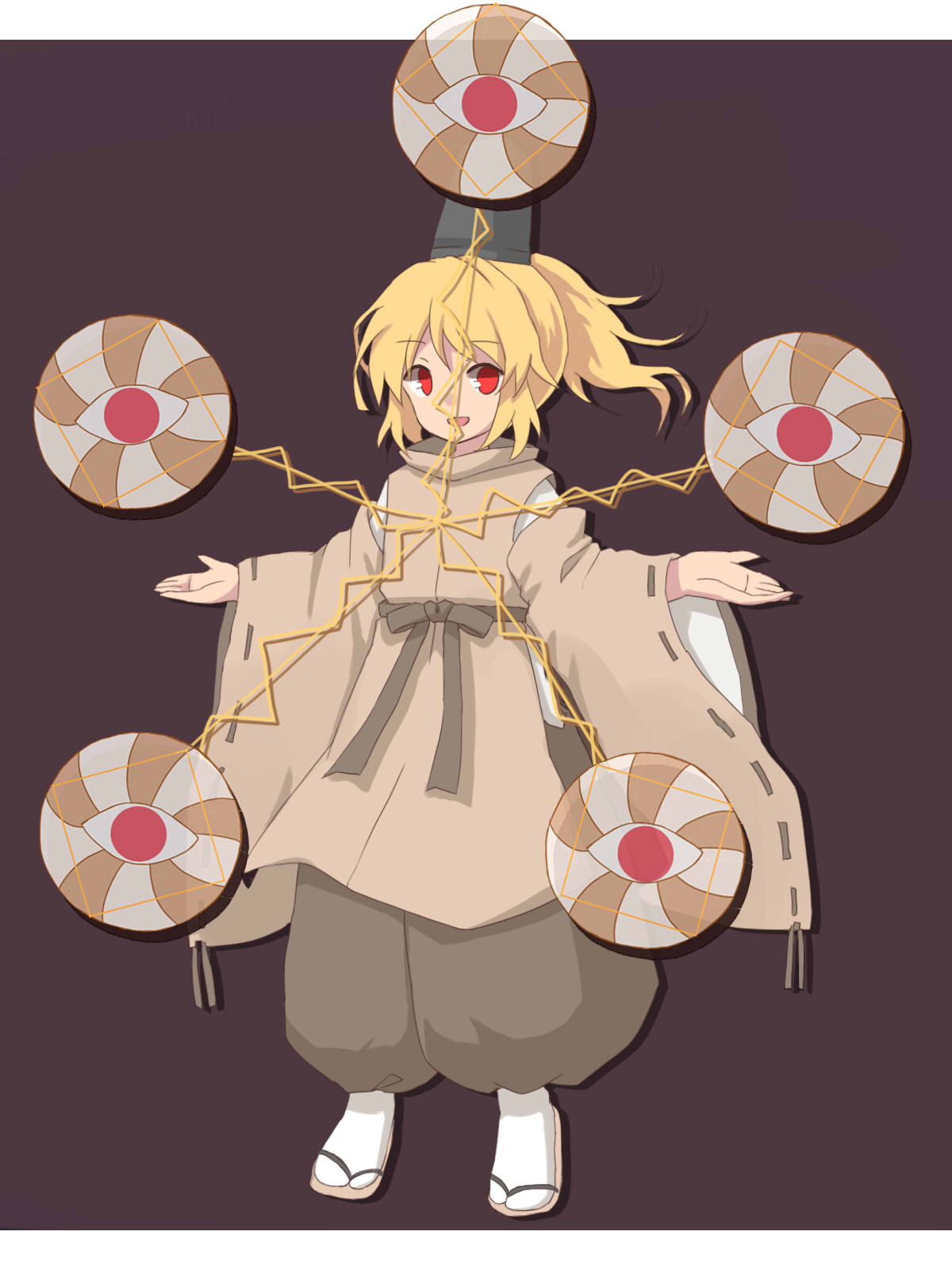 1girl, bangs, black_headwear, blonde_hair, brown_pants, brown_sash, brown_shirt, cocoa_(cocoa1qld)