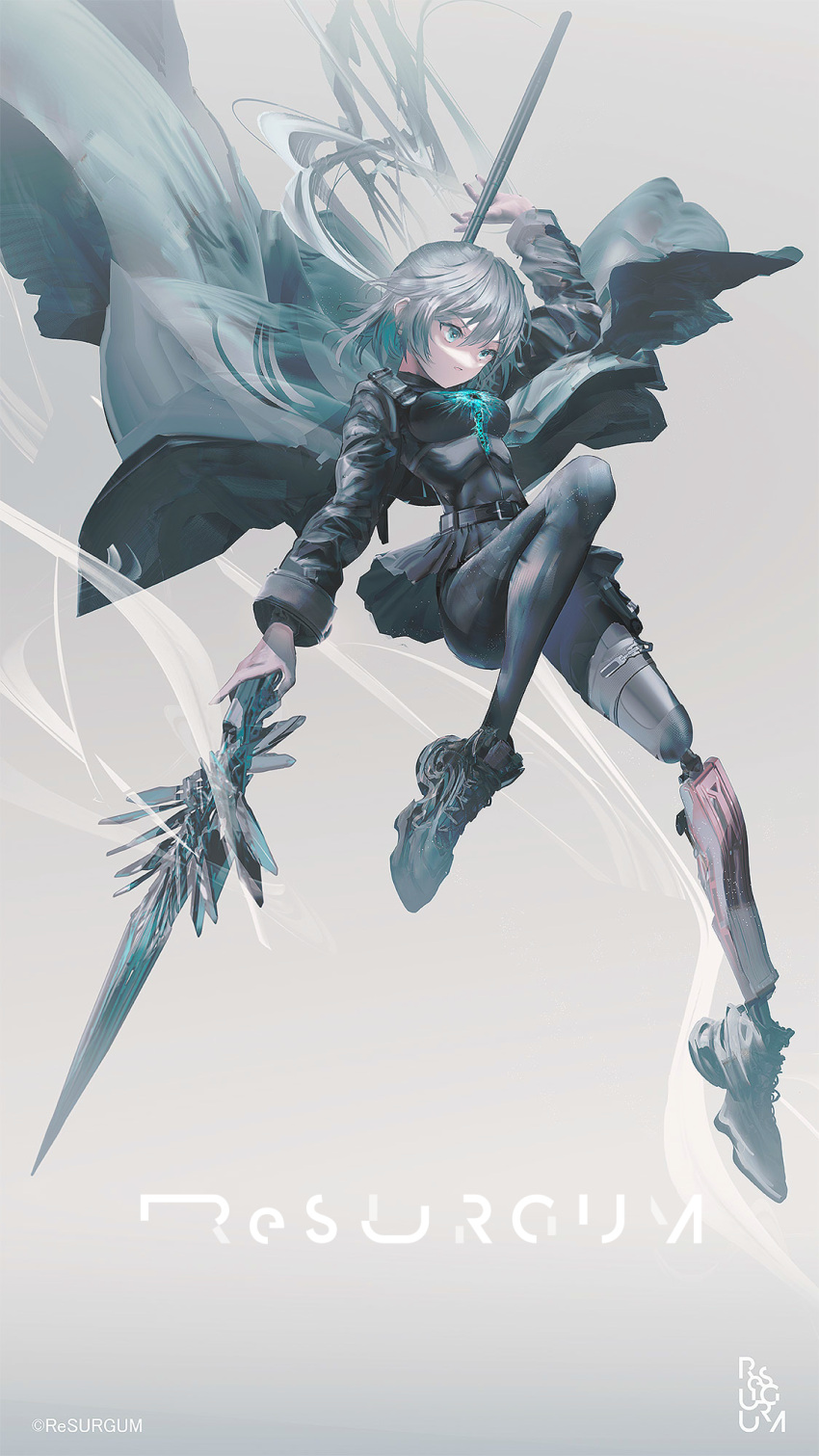 1girl, arm_up, bangs, belt, black_bodysuit, black_footwear, black_jacket, black_skirt