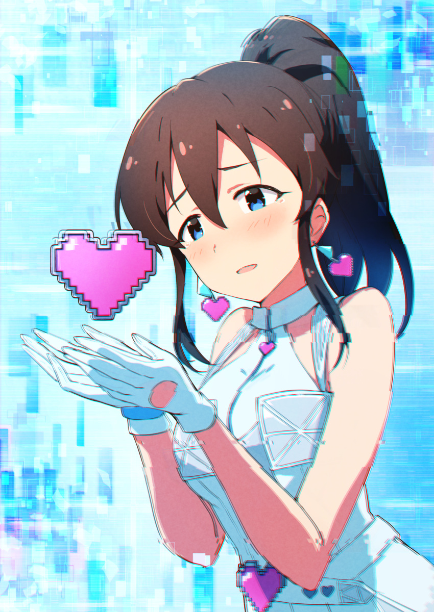 1girl, absurdres, bare_shoulders, blue_eyes, blush, breasts, brown_hair, distortion