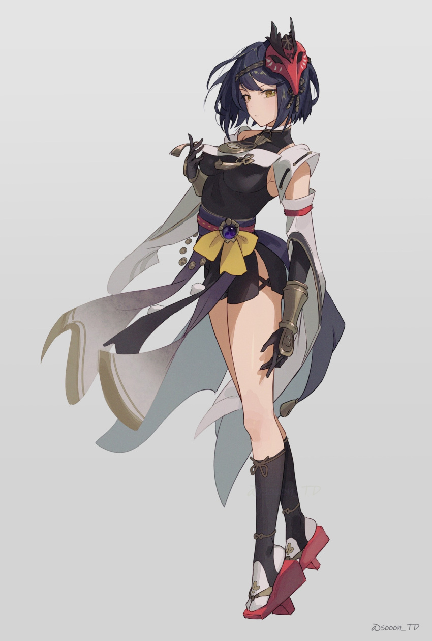 1girl, absurdres, bird_mask, black_gloves, black_hair, breasts, closed_mouth, detached_sleeves