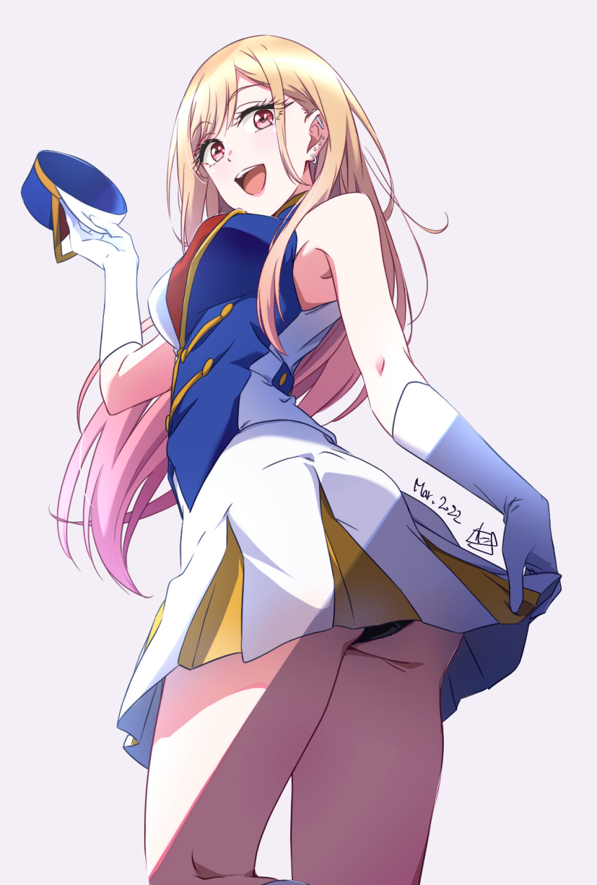 1girl, :d, armpit_peek, ass, bangs, bare_shoulders, blonde_hair, breasts