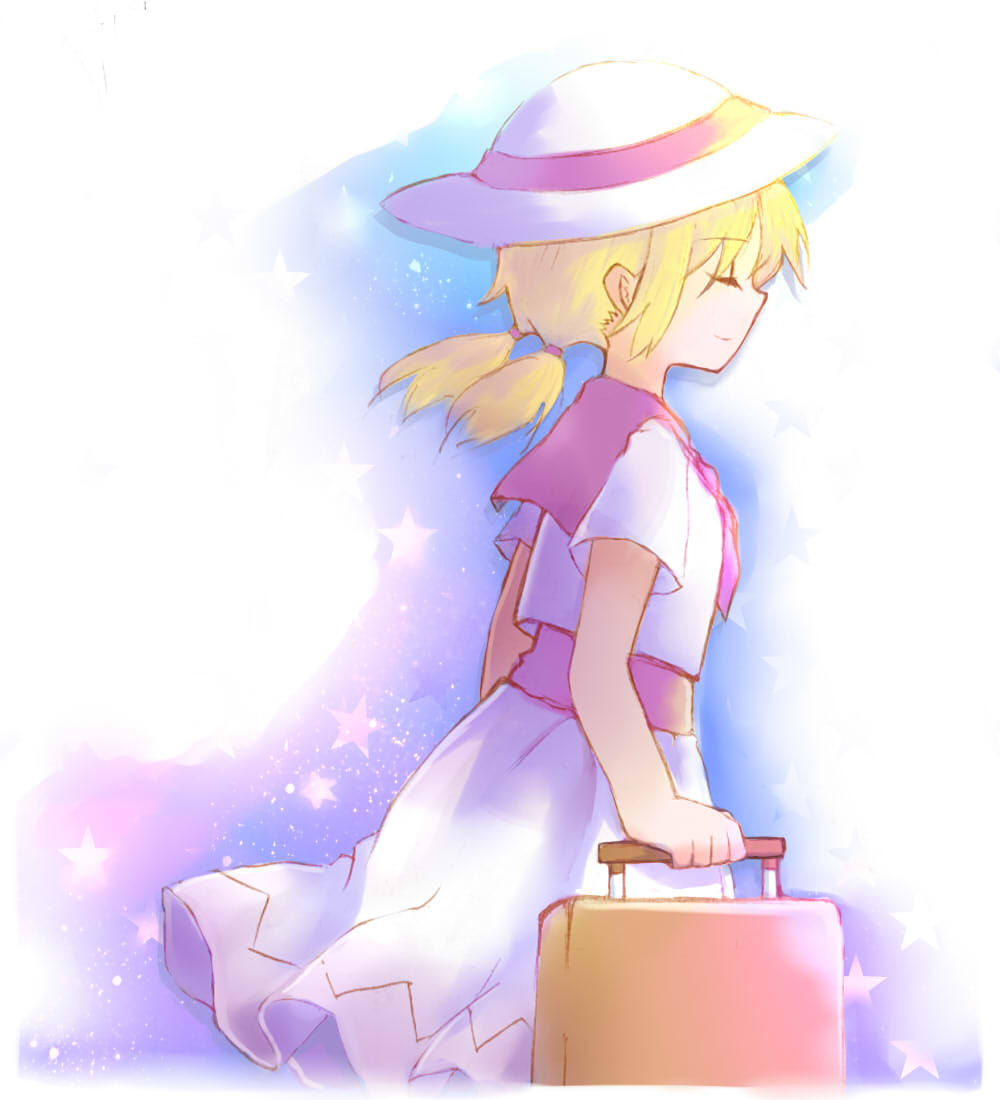 1girl, blonde_hair, blouse, closed_eyes, cocoa_(cocoa1qld), ellipsis_(mitei), hat, holding