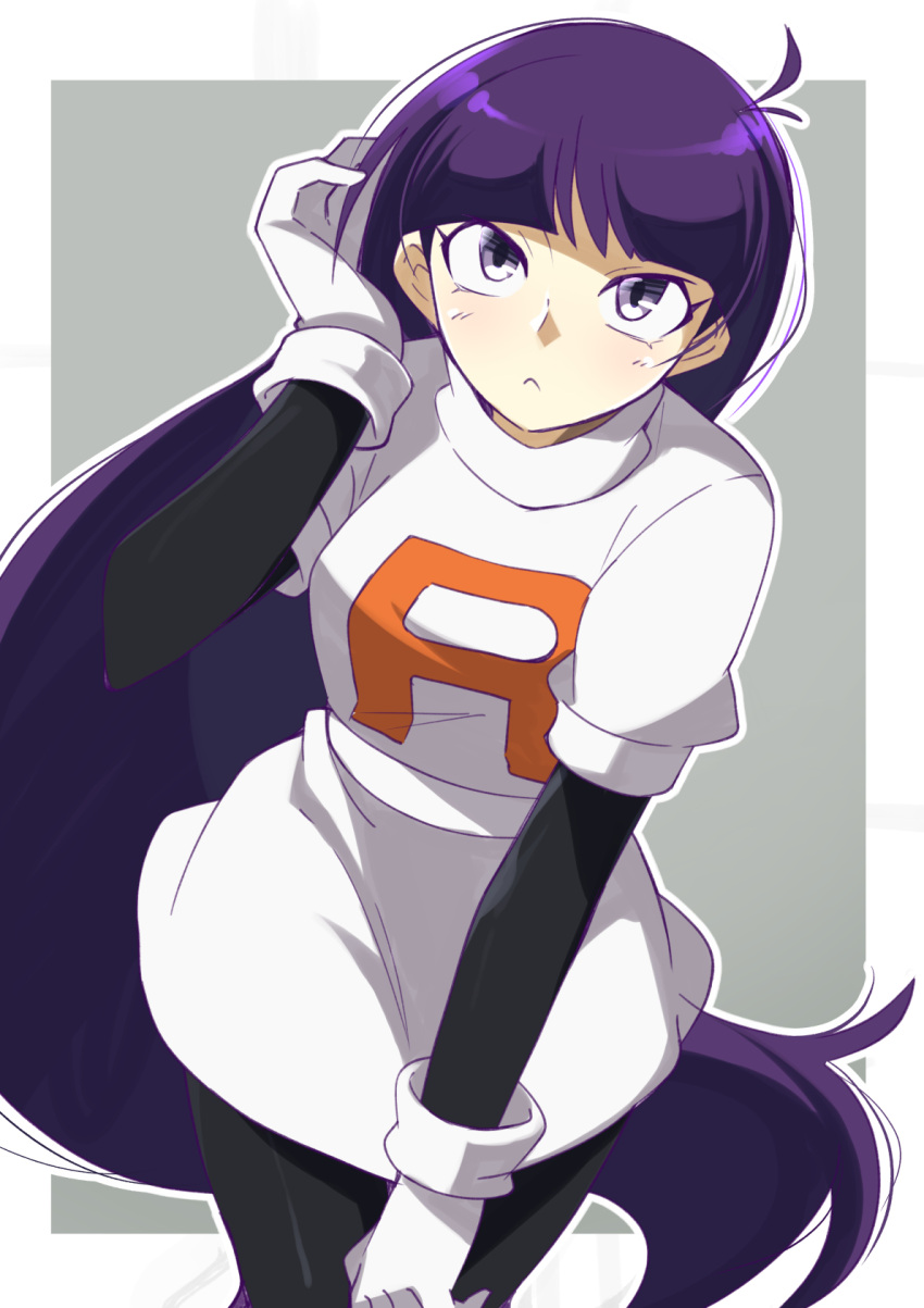 1girl, ahoge, bodystocking, breasts, closed_mouth, gloves, highres, long_hair, nozumu, pantyhose, pokemon, pokemon_adventures, purple_hair, sabrina_(pokemon), skirt, solo, team_rocket, team_rocket_uniform, very_long_hair, white_gloves