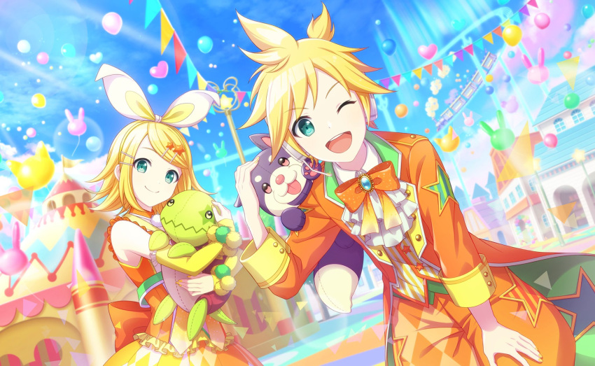 1boy, 1girl, ;d, argyle, argyle_dress, argyle_pants, arm_cutout, ascot