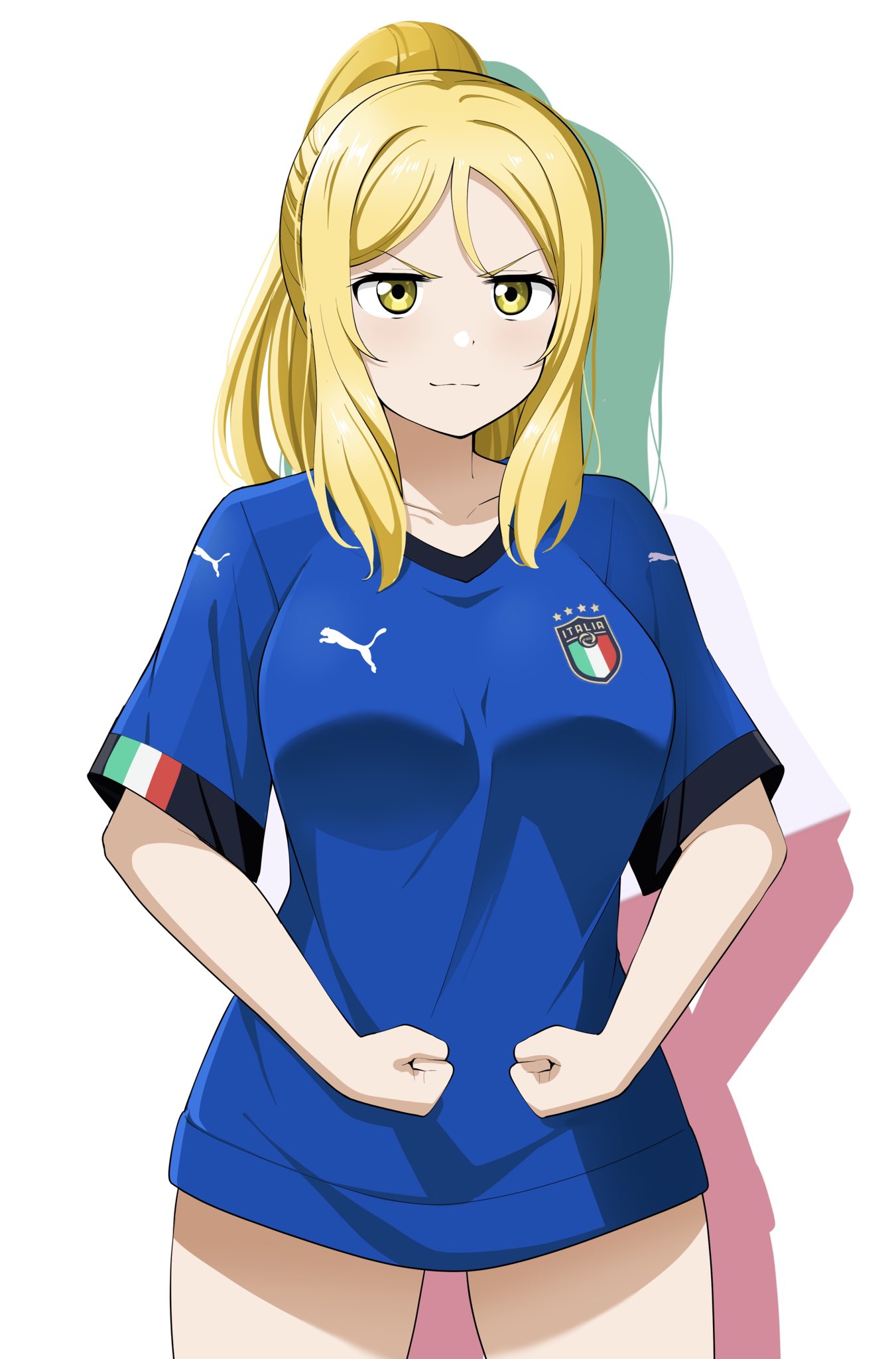 1girl, barkhorn0331, blonde_hair, cowboy_shot, flexing, highres, italy, looking_at_viewer