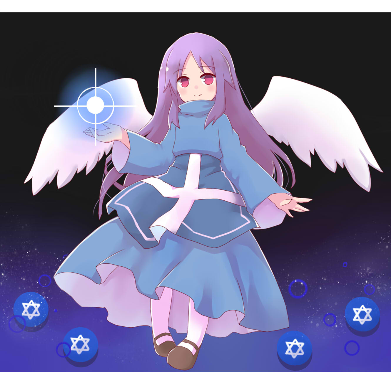 angel_wings, apron, blue_apron, blue_dress, brown_footwear, closed_mouth, cocoa_(cocoa1qld), cross_print