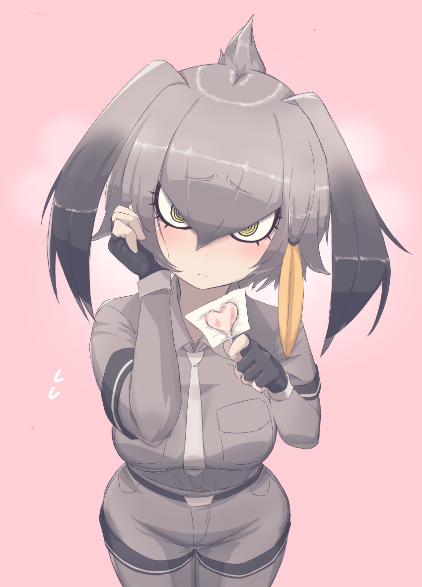 1girl, absurdres, bangs, belt, black_gloves, black_hair, blush, bodystocking, breast_pocket, breasts, candy, closed_mouth, collared_shirt, cowboy_shot, eyebrows_visible_through_hair, eyelashes, fingerless_gloves, flying_sweatdrops, food, furrowed_brow, gloves, gradient_hair, grey_hair, grey_necktie, grey_shirt, grey_shorts, hair_between_eyes, hair_intakes, hands_up, head_tilt, heart-shaped_food, heart_lollipop, highres, holding, holding_candy, holding_food, holding_lollipop, jaguarsee, kemono_friends, layered_sleeves, lollipop, long_hair, long_sleeves, looking_at_viewer, multicolored_hair, necktie, nervous, orange_hair, pocket, ringed_eyes, shiny, shiny_hair, shirt, shirt_tucked_in, shoebill_(kemono_friends), short_over_long_sleeves, short_sleeves, shorts, side_ponytail, solo, taut_clothes, taut_shirt, wing_collar, yellow_eyes