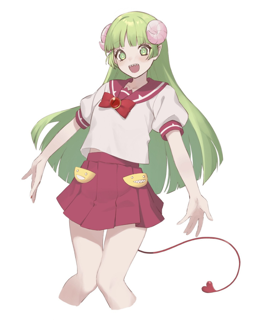 1girl, babyls_school_uniform, bow, curled_horns, demon_tail, green_eyes, green_hair, hakuhatsu