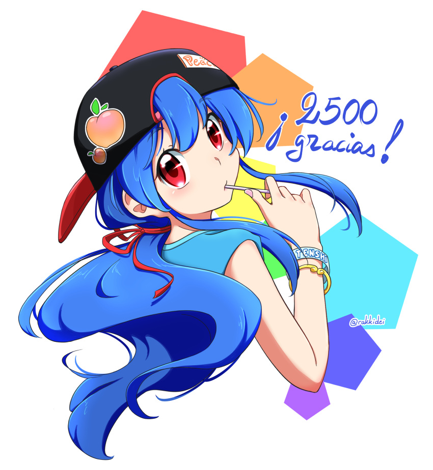 1girl, absurdres, alternate_costume, bangle, baseball_cap, black_headwear, blue_hair, blue_tank_top