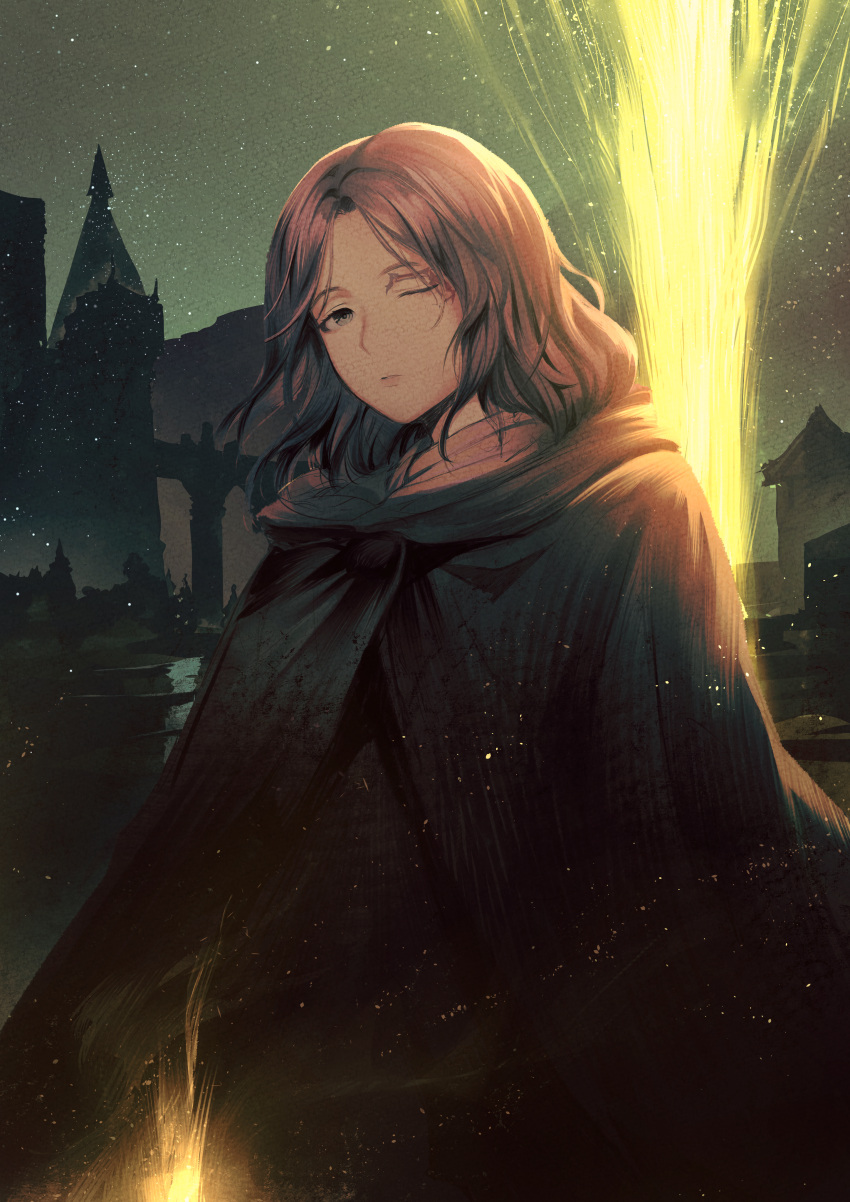 1girl, absurdres, bingsardina, black_eyes, breasts, brown_hair, elden_ring, highres