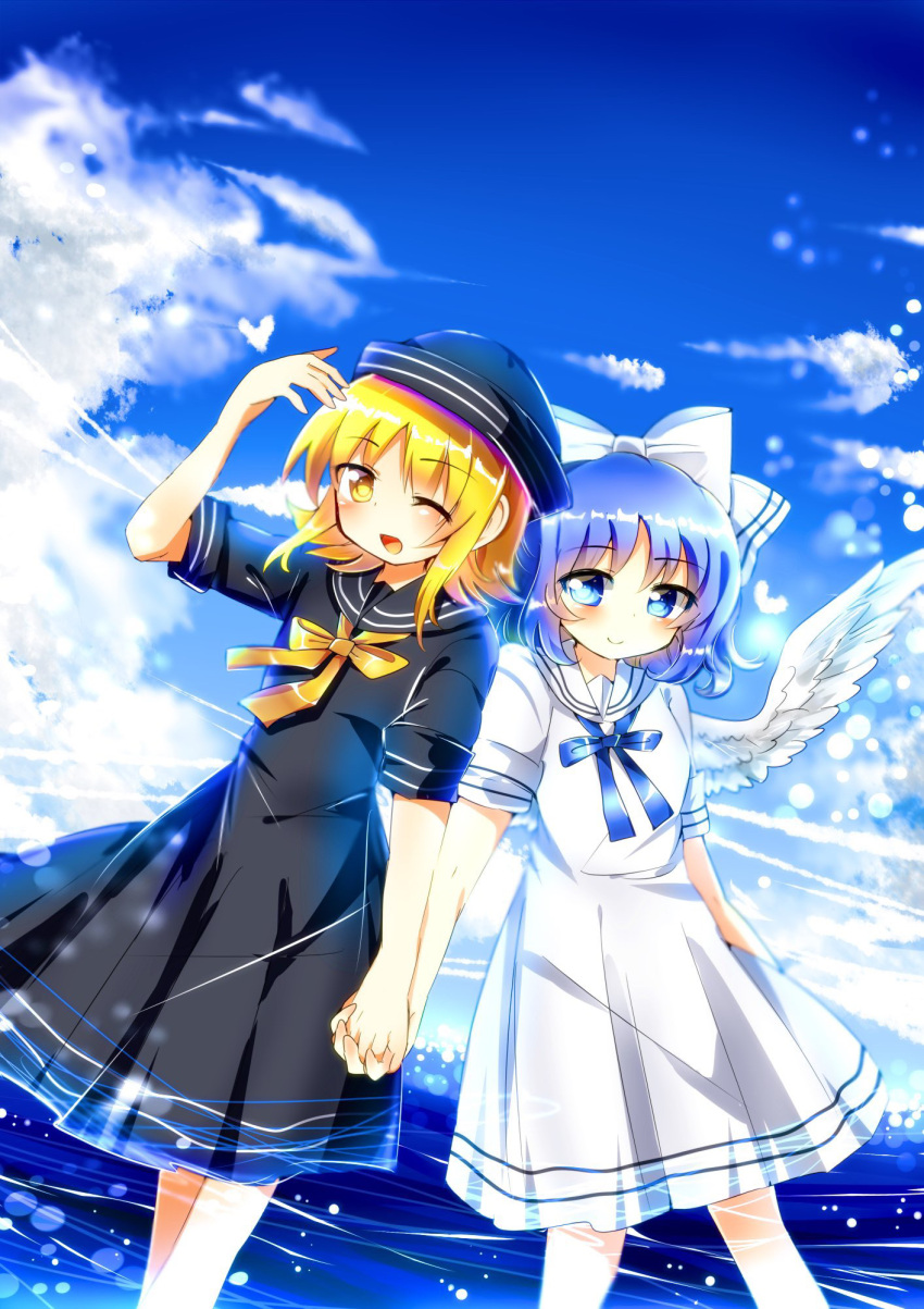2girls, adapted_costume, angel_wings, black_dress, black_headwear, blonde_hair, blue_eyes, blue_hair
