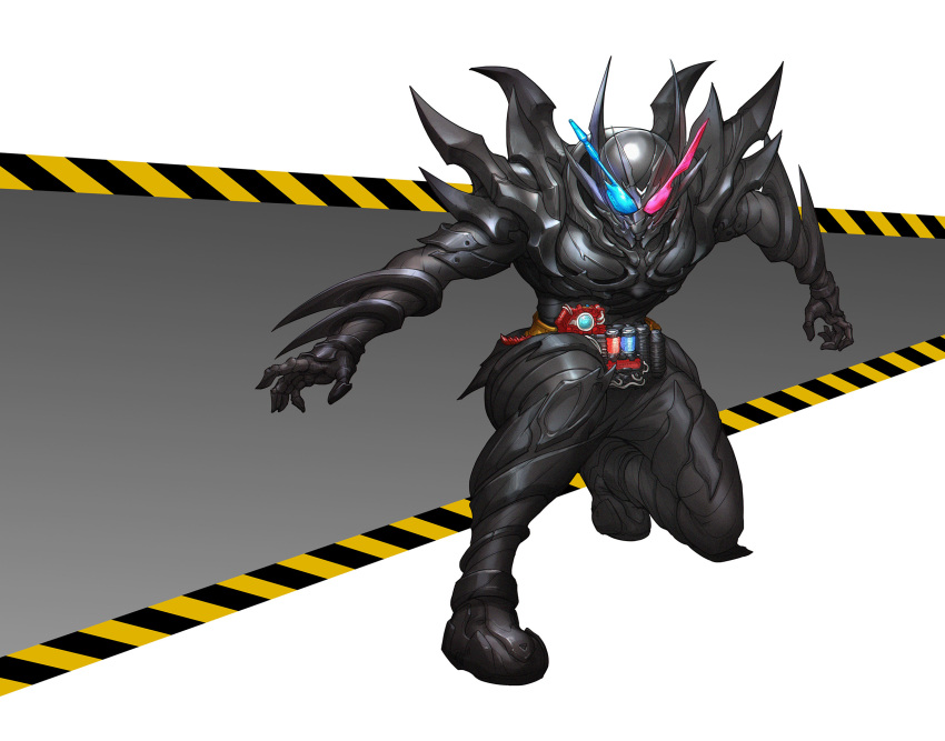 1boy, armor, black_armor, black_background, blue_eyes, build_driver, compound_eyes, driver, feet_out_of_frame, hazard_stripes, hazard_trigger, heterochromia, highres, kamen_rider, kamen_rider_build, kamen_rider_build_(series), kneeling, looking_at_viewer, male_focus, peihao_wang, rabbit+tank_form_(black_hazard), red_eyes, science_fiction, shoulder_armor, solo, stylistic, walking