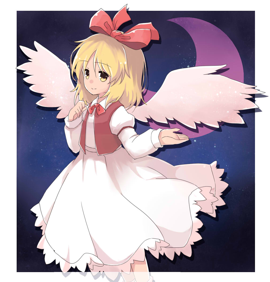 1girl, angel_wings, blonde_hair, bow, bowtie, closed_mouth, cocoa_(cocoa1qld), collared_shirt