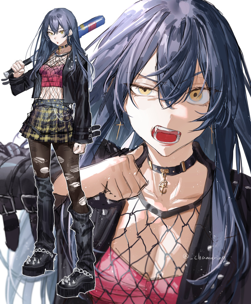 1girl, absurdres, baseball_bat, belt, black_hair, black_jacket, black_legwear, chamuring