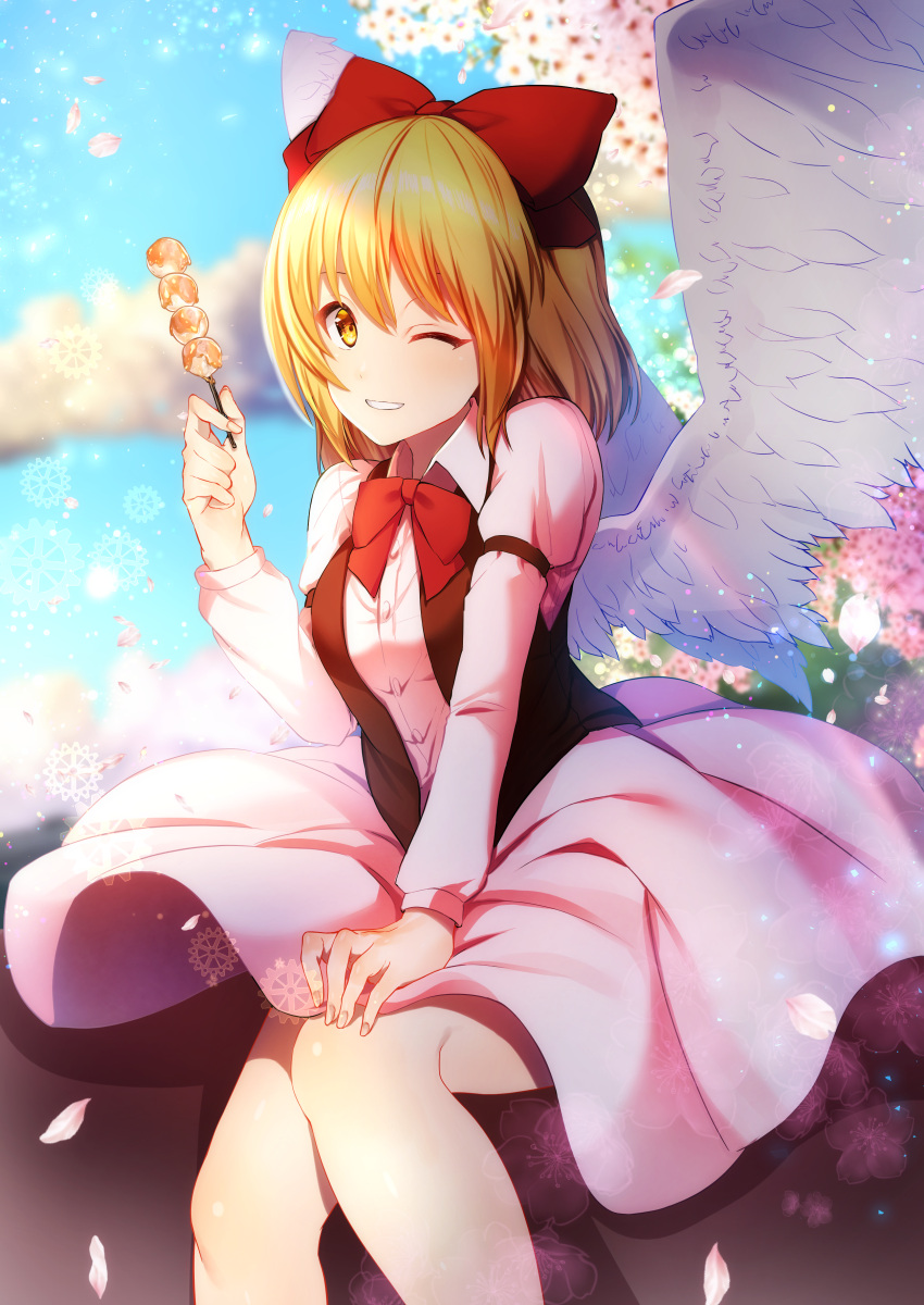 1girl, absurdres, angel_wings, blonde_hair, bow, bowtie, brown_vest, cherry_blossoms, collared_shirt, commentary_request, dango, feathered_wings, food, gengetsu_(touhou), grin, hair_bow, hanami, highres, holding, juliet_sleeves, long_sleeves, one_eye_closed, pink_shirt, pink_skirt, puffy_short_sleeves, puffy_sleeves, red_bow, red_bowtie, sea_scorpion_(umisasori), shirt, short_sleeves, skirt, sleeve_garter, smile, spring_(season), touhou, touhou_(pc-98), vest, wagashi, white_wings, wings, yellow_eyes